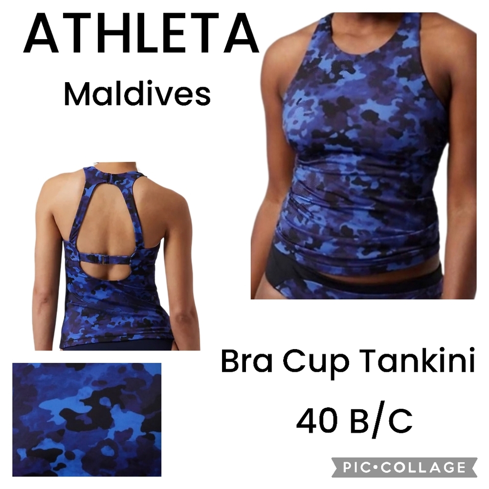 Athleta Maldives Bra Cup Tankini in Blue Camo 40B/C MSRP $89 SU052